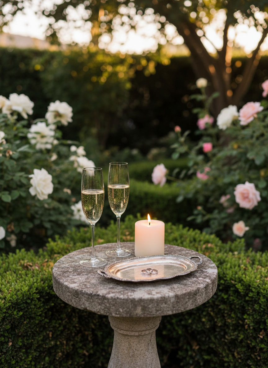 A tastefully styled vow renewal scene in a private Santa Barbara garden, focusing on a small pedestal table made of aged stone. On top, two crystal champagne flutes filled with pale sparkling wine are placed beside a single white pillar candle and a delicate silver tray holding a pair of worn wedding bands. Surrounding foliage of manicured boxwood and climbing roses creates a lush green enclosure, softly blurred in the background. Warm early evening light filters through leaves, producing dappled highlights on the glass and stone. Photographic realism from an eye-level perspective emphasizes subtle reflections and textures, creating a serene, celebratory mood that feels intimate and upscale, perfect for vow renewals.