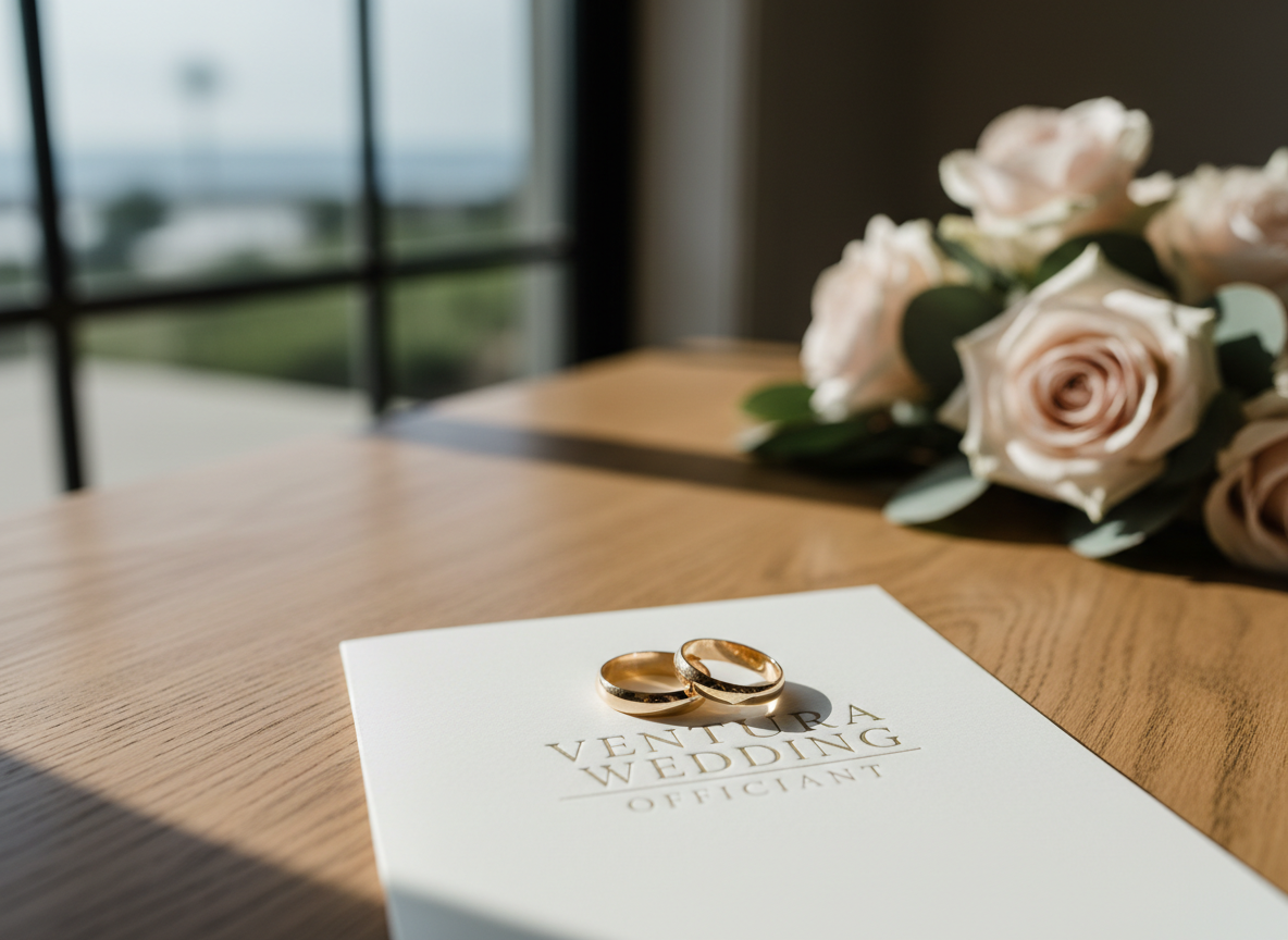 A pair of elegant intertwined gold wedding bands resting atop a crisp ivory ceremony booklet embossed with “Ventura Wedding Officiant” in delicate serif lettering. The booklet lies on a finely grained oak table near an open window, with soft coastal daylight filtering in, casting gentle shadows and subtle reflections on the polished metal rings. In the out-of-focus background, hints of pale blush roses and eucalyptus greenery suggest a refined floral arrangement. Photographic realism at eye-level, using a shallow depth of field to keep the rings and title in sharp focus, creates a sophisticated, romantic atmosphere that feels timeless and tailored to upscale Ventura and Santa Barbara weddings.