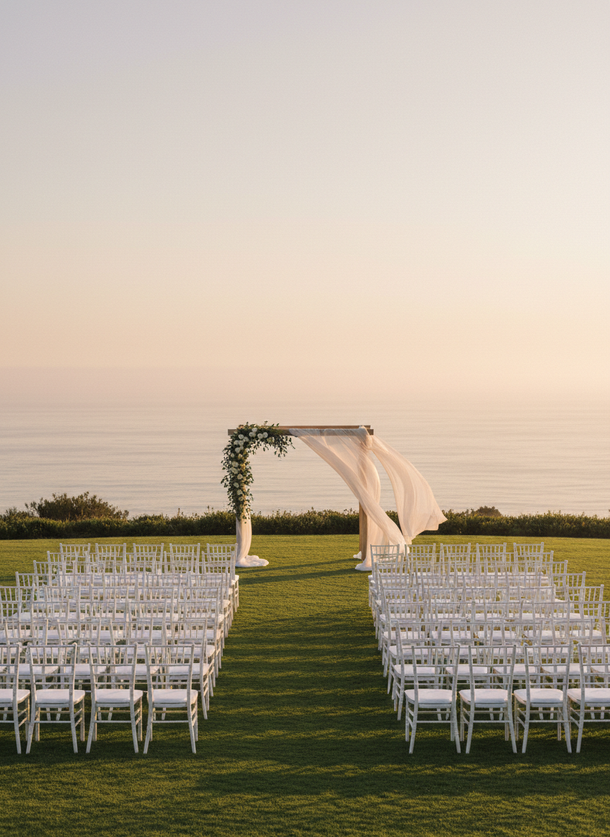 A beautifully arranged outdoor ceremony setup overlooking a hazy, distant ocean horizon, with rows of empty white chiavari chairs aligned on a manicured lawn. At the center stands a minimalist wooden arch draped in sheer ivory fabric and understated greenery, with no people present. The golden hour sunlight casts a warm, flattering glow, creating soft elongated shadows along the grass. Photographic realism with a slightly elevated, wide-angle composition captures the entire scene, while the muted, refined color palette and clean, uncluttered styling convey a sophisticated, custom wedding ceremony experience along the Ventura and Santa Barbara coast.